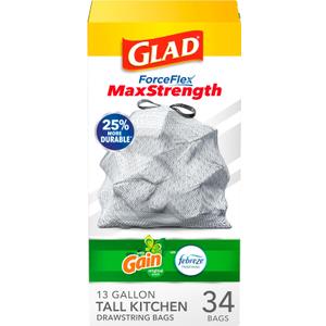 Glad Tall Kitchen Trash Bags 13 Gallon, Gain Original Garbage Bags, Odorshield with Drawstring, 34 Count