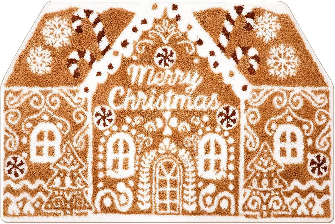 48 x 30 Inch Large Christmas Bath Rug Gingerbread House Xmas Doormat Non Slip Area Carpet Winter Rug for Front Door, Kitchen, Living Room, Bedroom