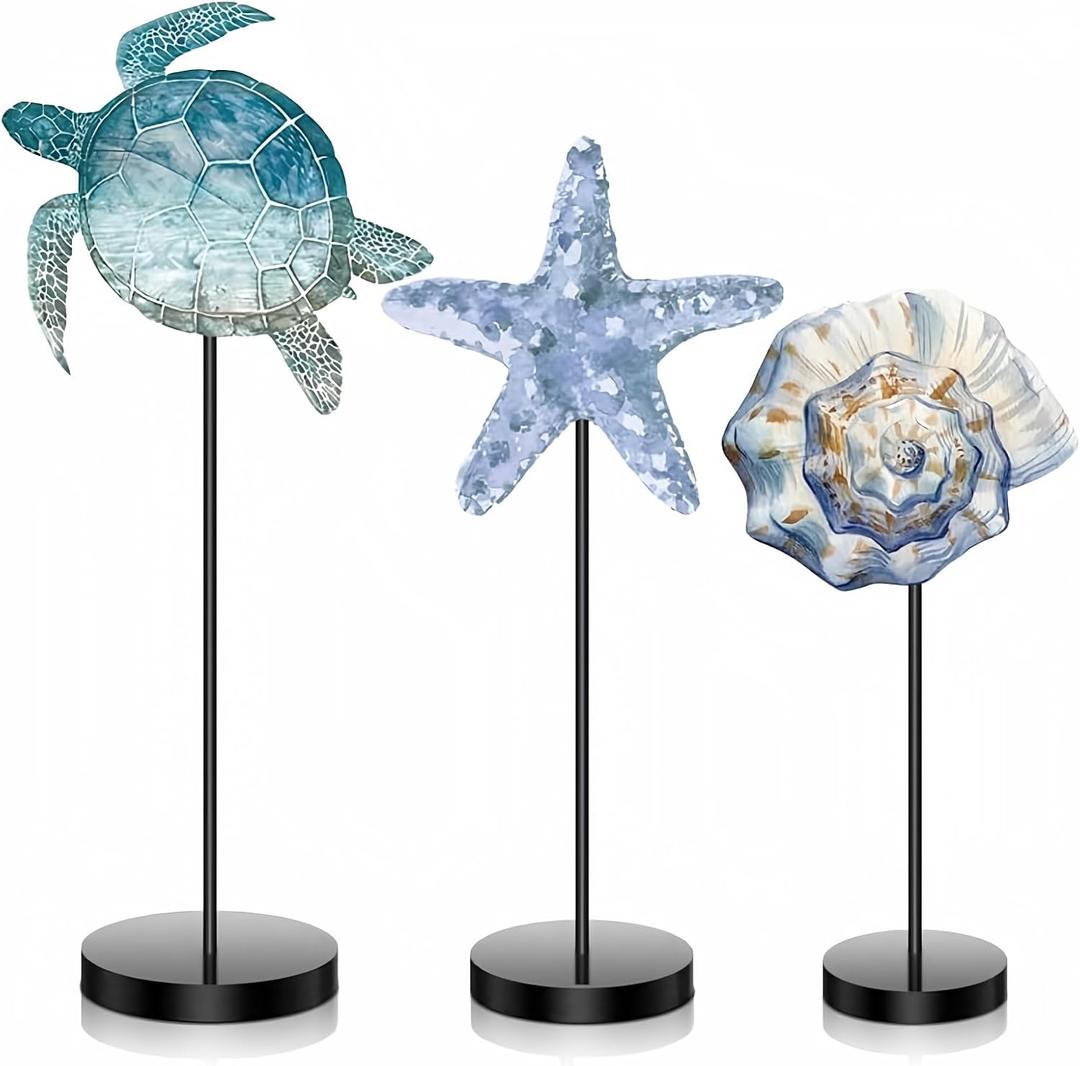 Maitys 3 Pcs Summer Ocean Tabletop Decor Standing Sea Turtle Block Wooden Table Centerpiece Sign Coastal Beach Nautical Table Decor for Home Kitchen