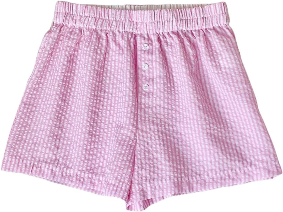 SOLY HUX Women's Striped Print Lounge Shorts Elastic Waist Button Loose Casual Summer Mini Shorts (Pink, L)