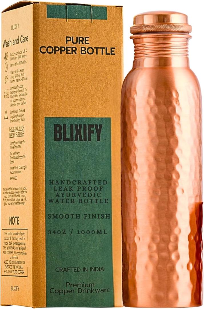Copper Water Bottle 34oz - 100% Pure Ayurvedic Handcrafted Design - Eco-friendly Premium Quality - Bpa-free Heavy Duty Leak-proof & Lab-tested - Health Benefits for Daily Use, Sports, Travel & Gifting