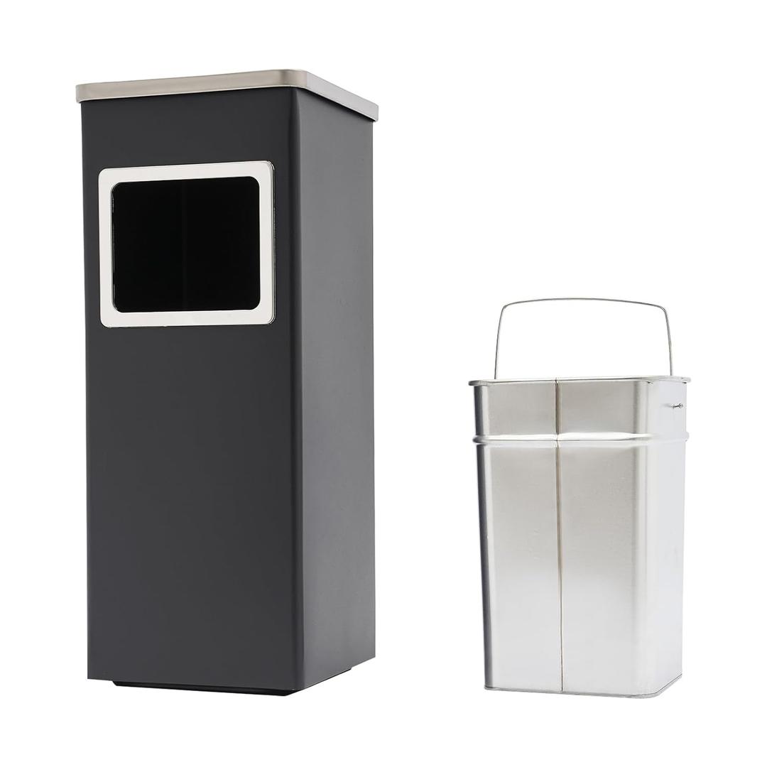 Trash Can Outdoor Waste Container, Square Stainless Steel Trash Can with Removable Inner Bucket, 3.17Gal Garbage Can for Disposal Commercial Waste Container (Black)