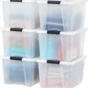 IRIS USA 40 Qt Stackable Plastic Storage Bins with Lids, 6 Pack - BPA-Free, Made in USA - Discreet Organizing Solution, Latches, Durable Nestable Containers, Secure Pull Handle - Pearl