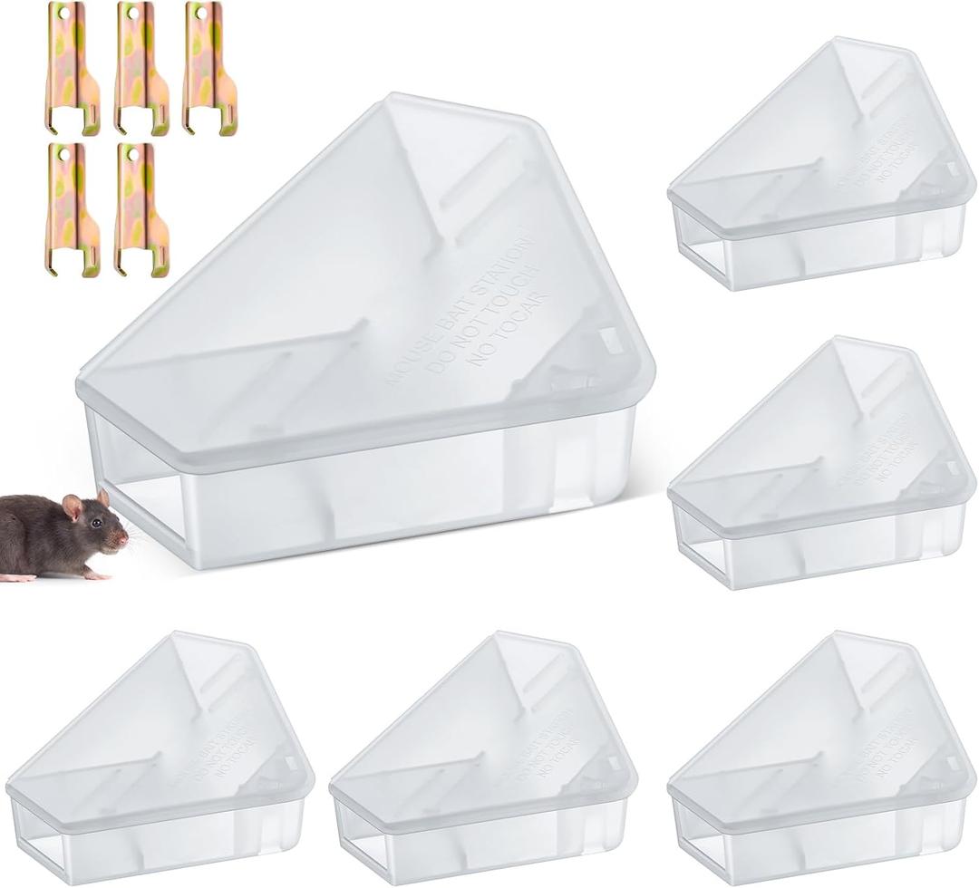 Qualirey 6 Pcs Mice Station with Key Triangle Mouse Station Lockable Reusable Bait Box, Enclosed Design for Indoor and Outdoor Use, Suitable for Small Mice (Translucent)