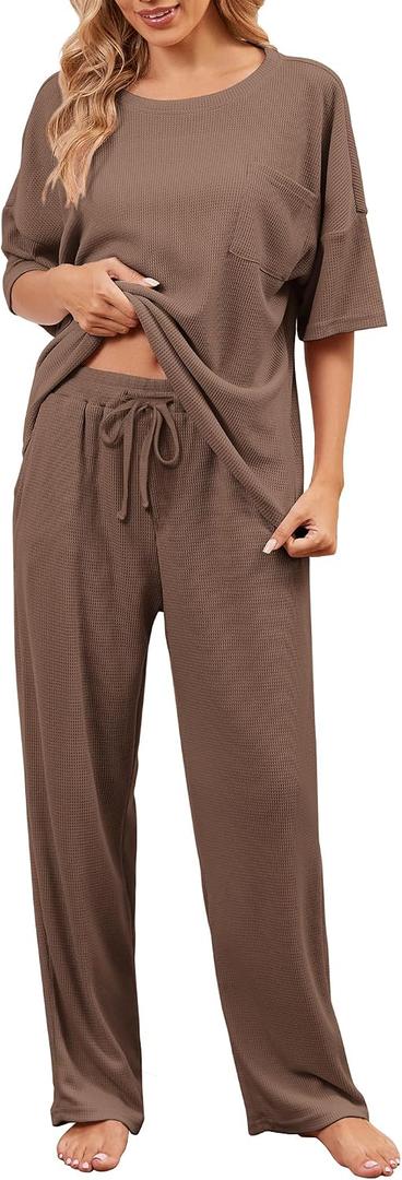JiniGolla Womens Pajama Sets Waffle Knit Short Sleeve Shirt with Long Pajama Pants Soft Sleepwear Pj Lounge Sets (Brown, M)