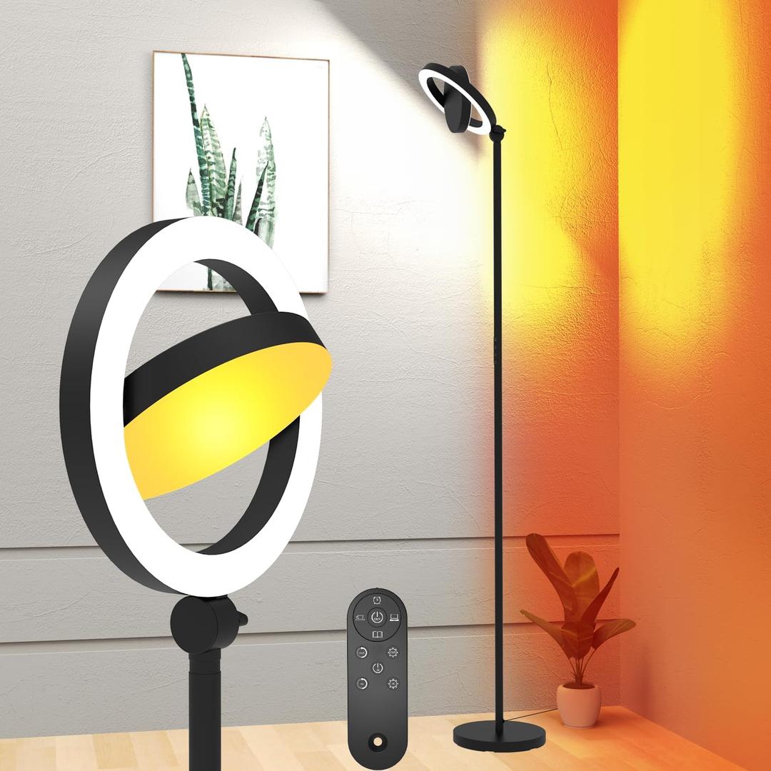 36W Bright LED Floor Lamp for Living Room with Remote, 75.5 Inch Tall Step less Dimmable Standing Lamp for Office, Torchiere Floor Lamp with 2 Rotatable Lights 1900K-6500K for Bedroom
