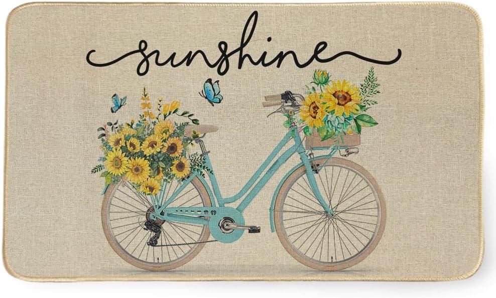 Decorhua Sunshine Welcome Door Mat, Seasonal Summer Bicycle Decorative Doormat Non-Slip Rubber Rugs Outdoor Switch Entrance Floor Mats DM148