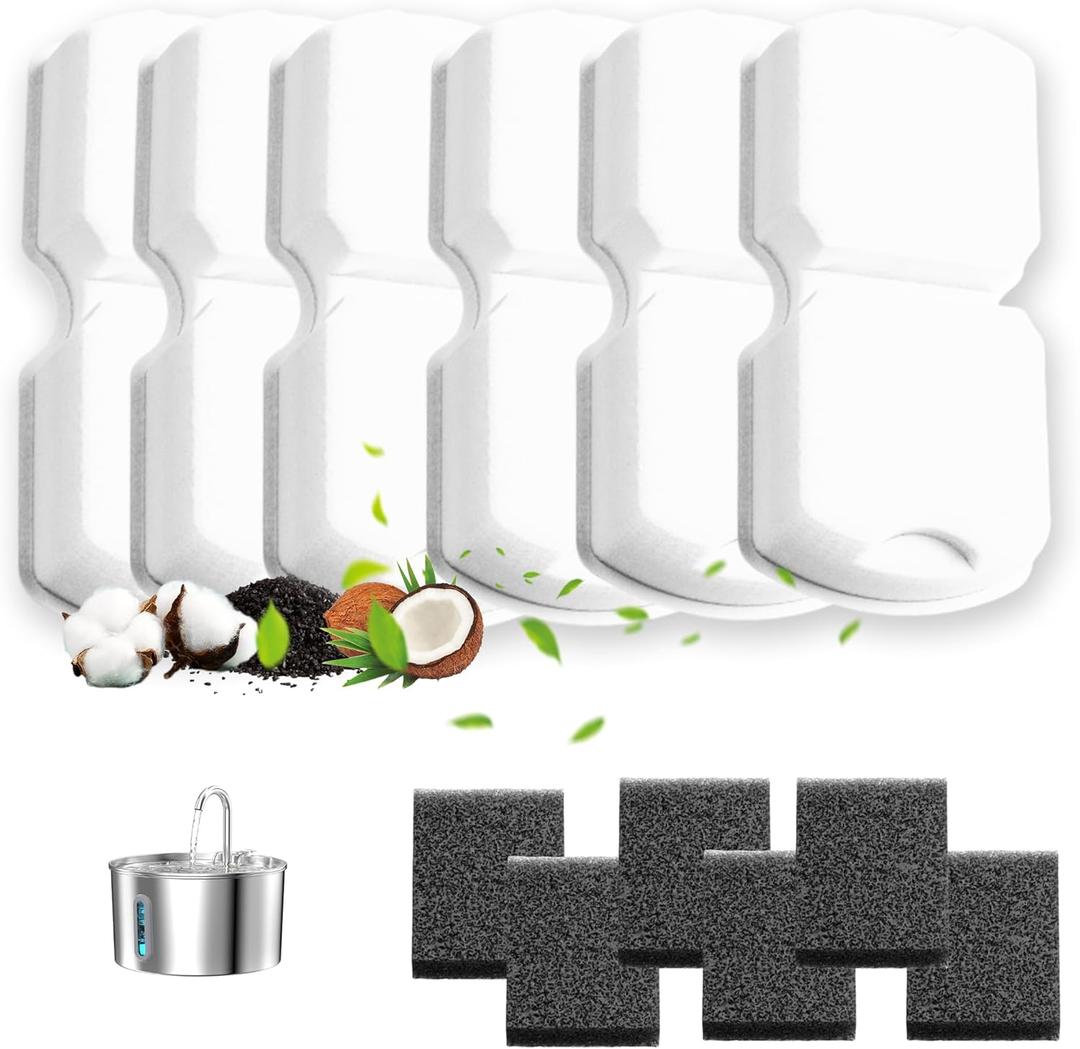 Cat Water Fountain Filters: 6 Filters + 6 Sponges Cat Fountain Replacement Filters for Cat Fountain with Activated Carbon Filter and Ultra-fine Fiber