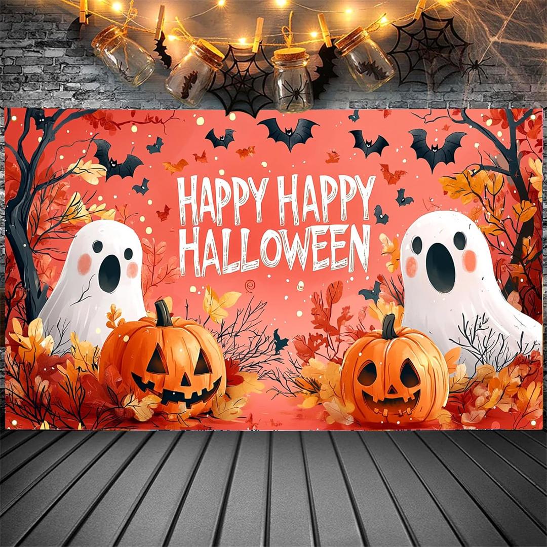 Pink Halloween Decor Happy Halloween Kids Banner, 4x6 ft Night Party Decorations, Spooky Indoor Ghost Banner (White Ghost)