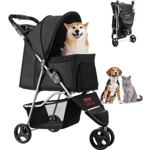 VEVOR Pet Stroller, 35 lbs Weight Capacity, Foldable Dog Cart, 3 Wheels Cats Carts with Mesh Windows and Cup Holders, Portable Pet Carrier Stroller with Brake, for Small to Medium Pets