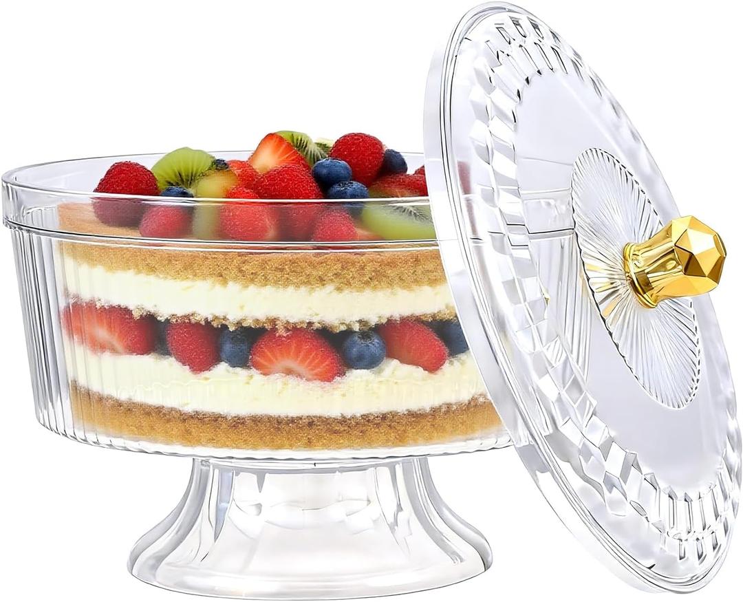 Trifle Bowl with Pedestal and Lid, Large Trifle Serving Dish, Vintage-Style Ribbed Dessert and Cake Stand, for Displaying Pastries, Layered Desserts, Fruits, Salad, Ideal for Parties