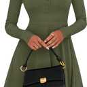 BTFBM Casual Fall Dresses for Women 2025 Long Sleeve Ribbed Button Down Empire Waist A Line Winter Wedding Guest Dress (Green, M)