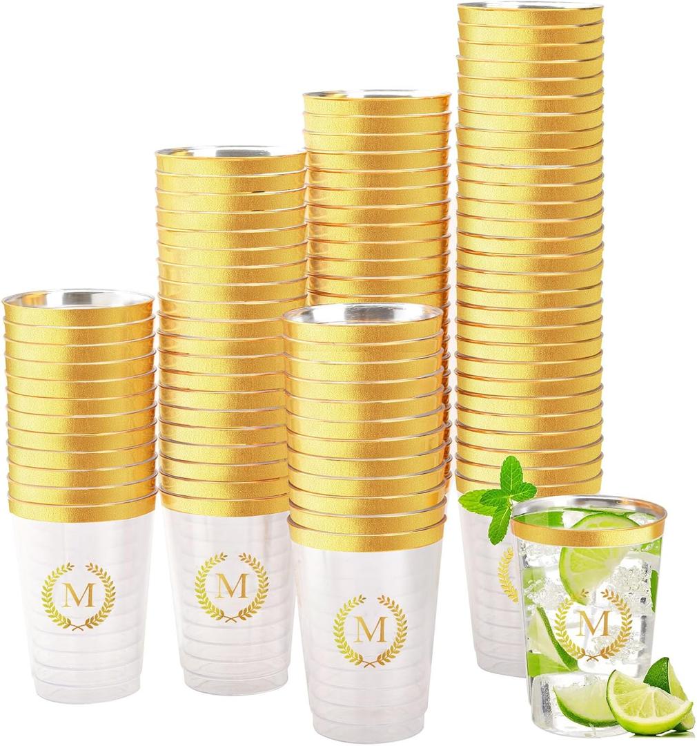 Datyiiha 100 Pieces Monogrammed Plastic Cups Gold Foil Letter M Disposable Cups 12 oz Clear Initial Party Cups for Wedding Birthday Baby Shower Personalized Party Drinkware