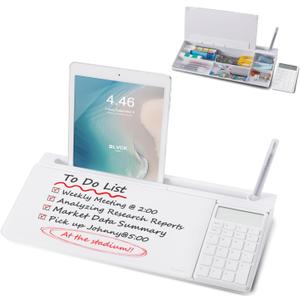 Small Glass Desktop Whiteboard Dry-Erase-Board - Computer Keyboard Stand with Calculator White Board Surface Pad with Drawer, Desk Organizers with Accessories for Office, Home, School Supplies