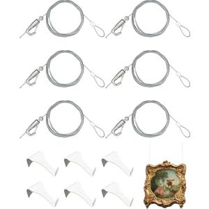 Picture Hanging Kit – Picture Rail Hooks with 6 of Each White Rail Hooks, 72 Inch Invisible Loop Cord, 6 Adjustable Hooks – Stainless Steel Picture Molding Hangers Nylon and Steel Cable