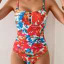 B2prity One Piece Swimsuit for Women Tummy Control Retro Bathing Suit Button Up Slimming Swimwear (X-Large, Red Floral Print)