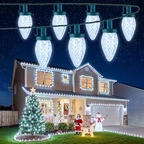 Brightown C9 Christmas String Lights White, 66ft 50 LED Faceted Christmas Lights on Green Wire, Large Bulb Strawberry String Lights for House Roof Roofline Christmas Tree Party Outdoor