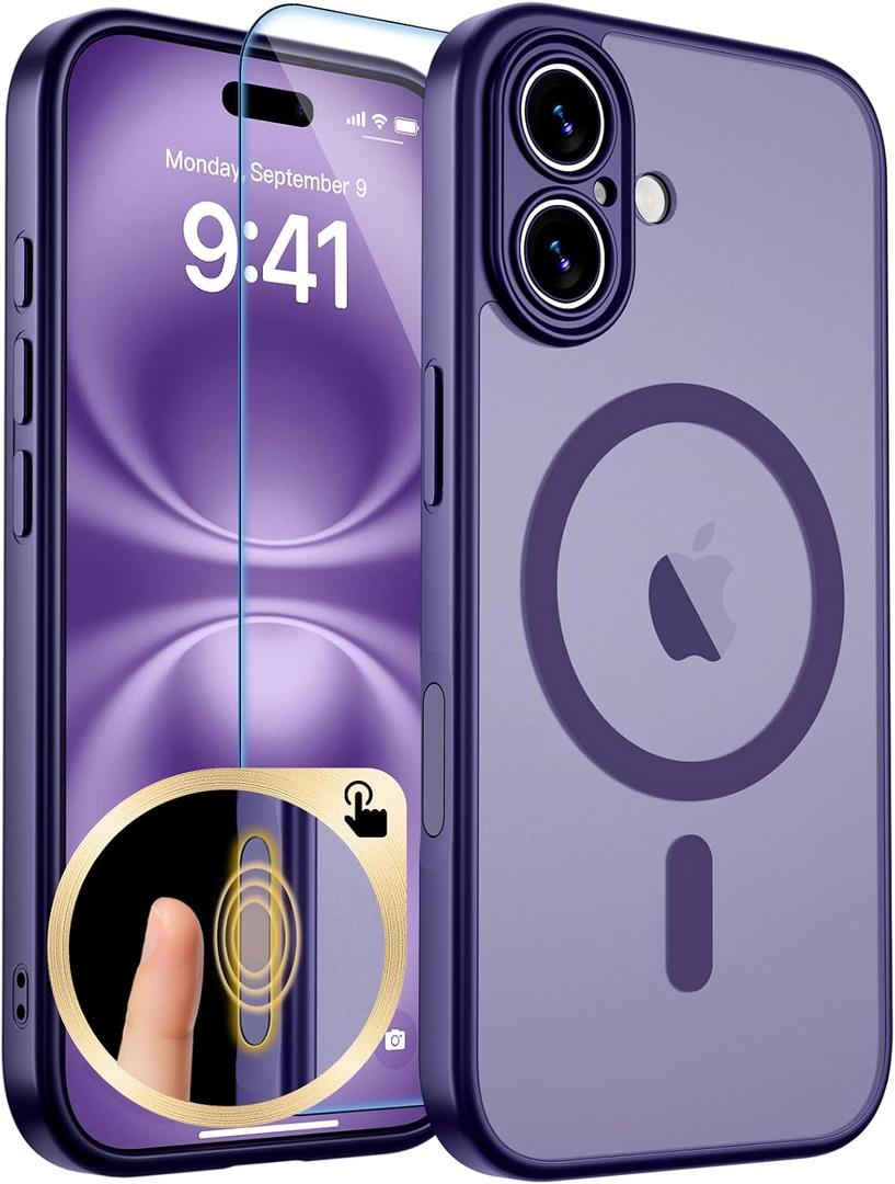 zapica Magnetic for iPhone 16 Case, Upgraded [Camera Control Button] [Full Camera Protection] [with 1 Screen Protector] Translucent Matte Shockproof Protective Phone Cover, Deep Purple