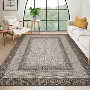 RUGSREAL Large Bedroom Rug 6x9 Washable Braided Print Living Room Rugs, Mocha