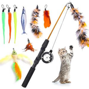 9 PCS Cat Fishing Pole Toy, Retractable Cat Feather Toys with Cat Wand Plush Fish Worm Feathers with Bells Catnip Interactive Cat Teaser Toys for Kitten Cat