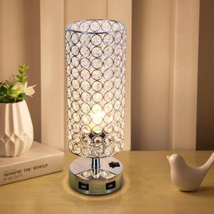 Crystal Table Lamp Chrome 3-Color Dimming USB Charging Station Small Bedside Lamps for Night Stands Bedroom Living Room (LED Bulb Included)