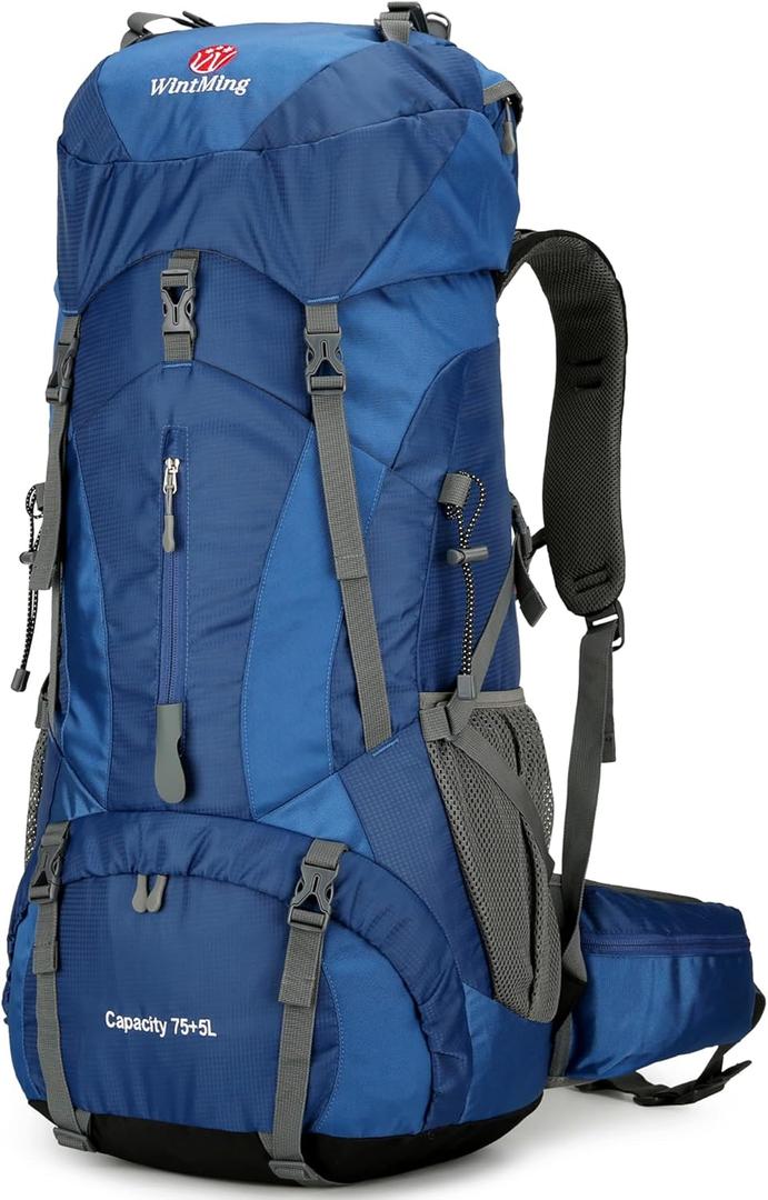 75L Hiking Backpack with Rain Cover Waterproof Camping Backpack Shoes Warehouse for Men Women, Frameless (Navy)