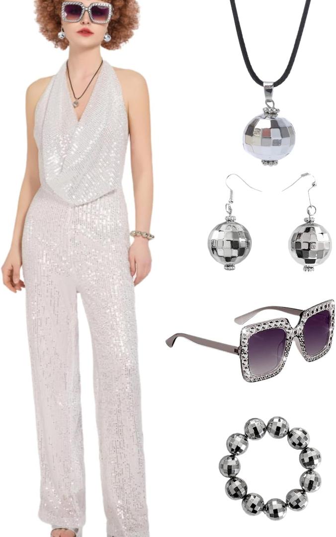 Gold 70s Disco Costume: Women's Sequin Backless Halter Neck Jumpsuit with Disco Ball Accessories (X-Large)