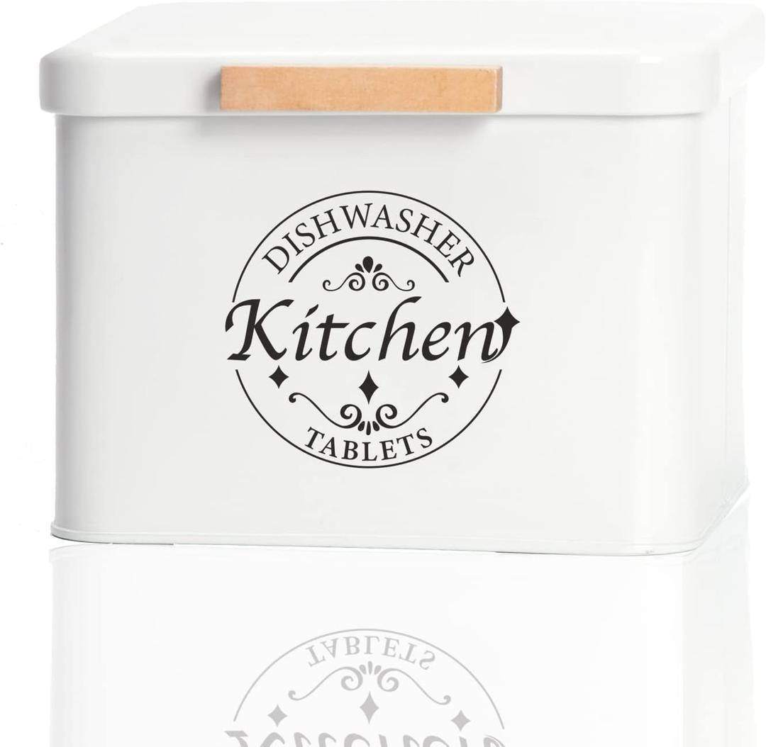 Dishwasher Pod Container with Hinged Lid. Farmhouse Metal Dishwaser Pods Holder for Kitchen Cabinet Organizer. Modern Kitchen Decor and Accessories. Dishwasher Detergent Tablet Storage(Cream)