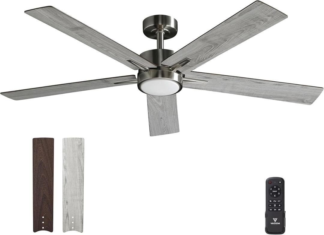 52 Inch Ceiling Fan Brushed Nickel Remote Controlled Dimmable Light Combo - Quiet Reversible - 5 Grey Blades