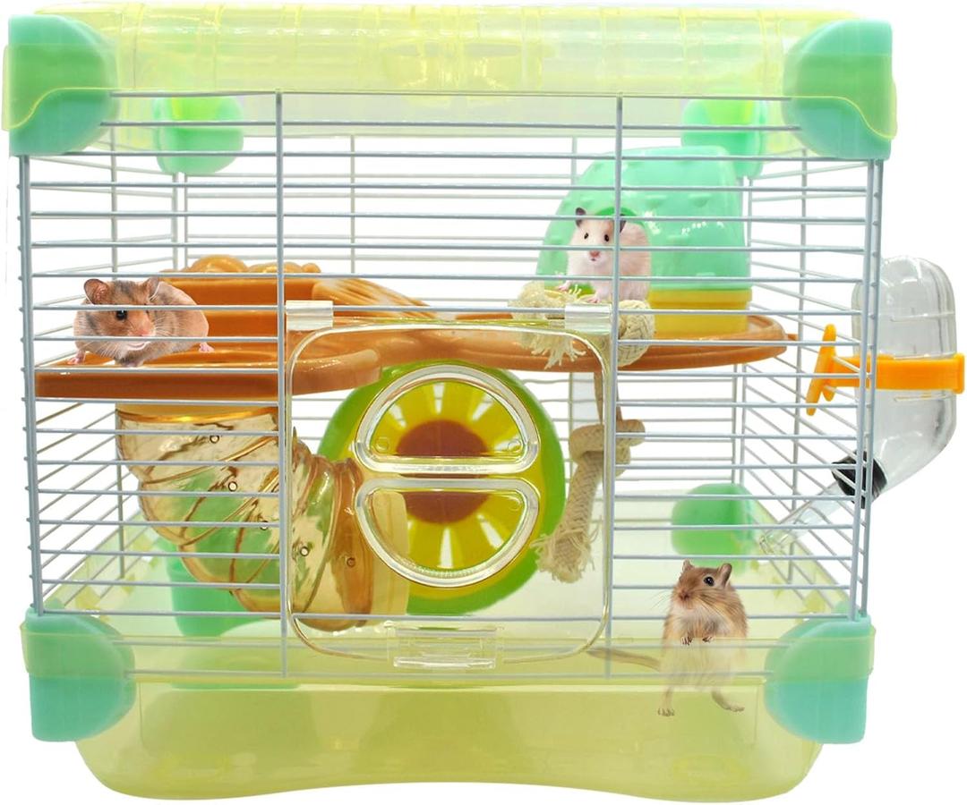 MUYG 2 Layers Hamster Cage with Tubes Mouse Cage with Accessories Water Bottle Food Dish Transparent Hamster Habitat with Exercise Wheel for Hamster Guinea Pig Gerbil (10.9" x 8.1" x 9.8" Yellow)