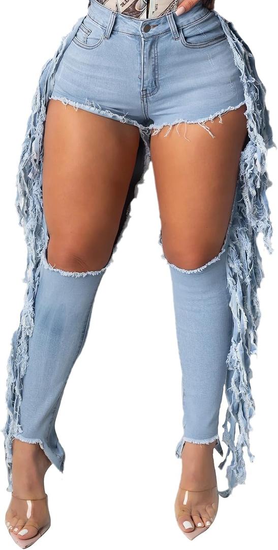 LalaLin Ripped Fringe Jeans for Women Tassel Destroyed Washed Hole Mid Waisted Distressed Stretchy Sexy Denim Pants XXL