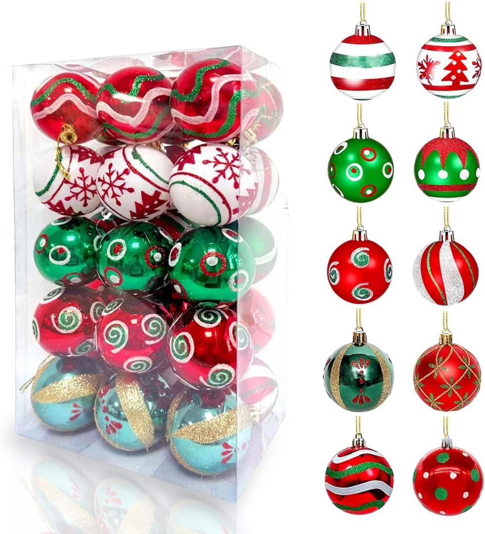 Christmas Ball Ornaments, 30 Pcs 2.36 Inch Red White Green Small Plastic Decorative Hanging Ornaments for Indoor Outdoor Christmas Tree Wreath Christmas Party Decorations Supplies - 10 Patterns
