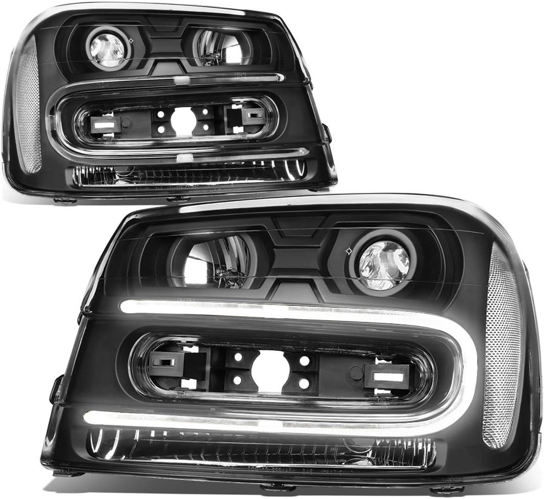 Auto Dynasty Pair of Black Housing Clear Corner LED U-Running Projector Headlight Headlamps Compatible with Chevy Trailblazer 02-09
