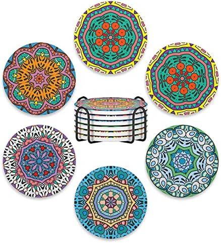 Nipichsha Coasters for Drinks, Set of 6 Cute Absorbent Ceramic Drink Coasters for Cup with Holder and Cork Base, Kitchen Home Decor Housewarming Gift, Round 4 in, Mandala Flowers