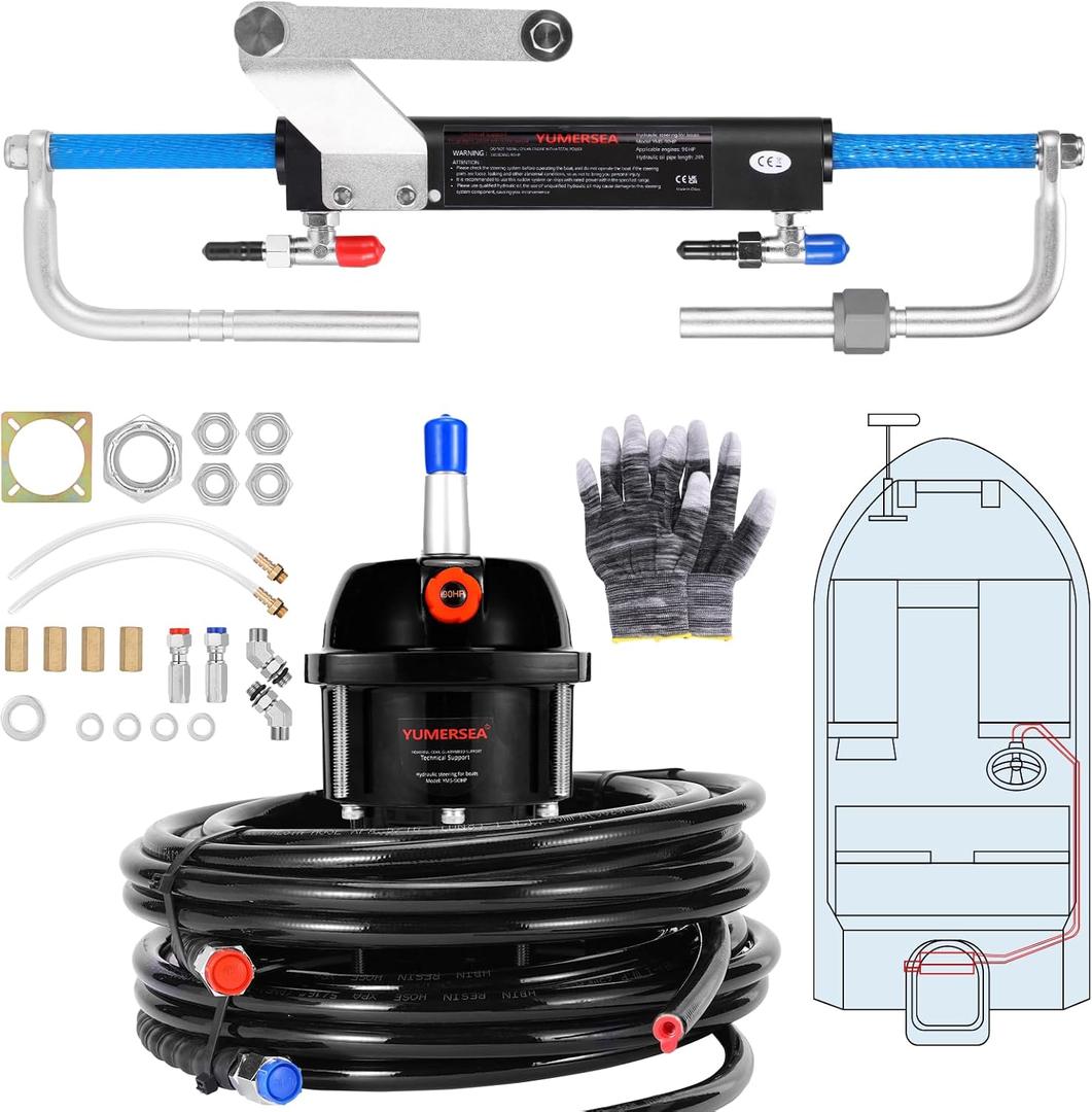 90HP Outboard Hydraulic Steering Kit, Hydraulic Steering System Consists of a Hydraulic Cylinder, a Steering Pump, and Two Nylon HosesSuitable for Outboard Motors