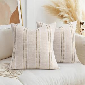 AELS 18x18 Decorative Farmhouse Linen Throw Pillow Covers, Boho Textured Pillow Case, Set of 2, Beige with White & Brown Stitch Yarn Dyed Stripe Cushion Cover for Sofa Couch Living Room (Cover ONLY)