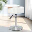 Adjustable Vanity Stool with Storage, 360 Swivel Vanity Chair, Velvet Small Round Ottoman Footrest for Bathroom, Makeup Room, Beige (Silver Base)
