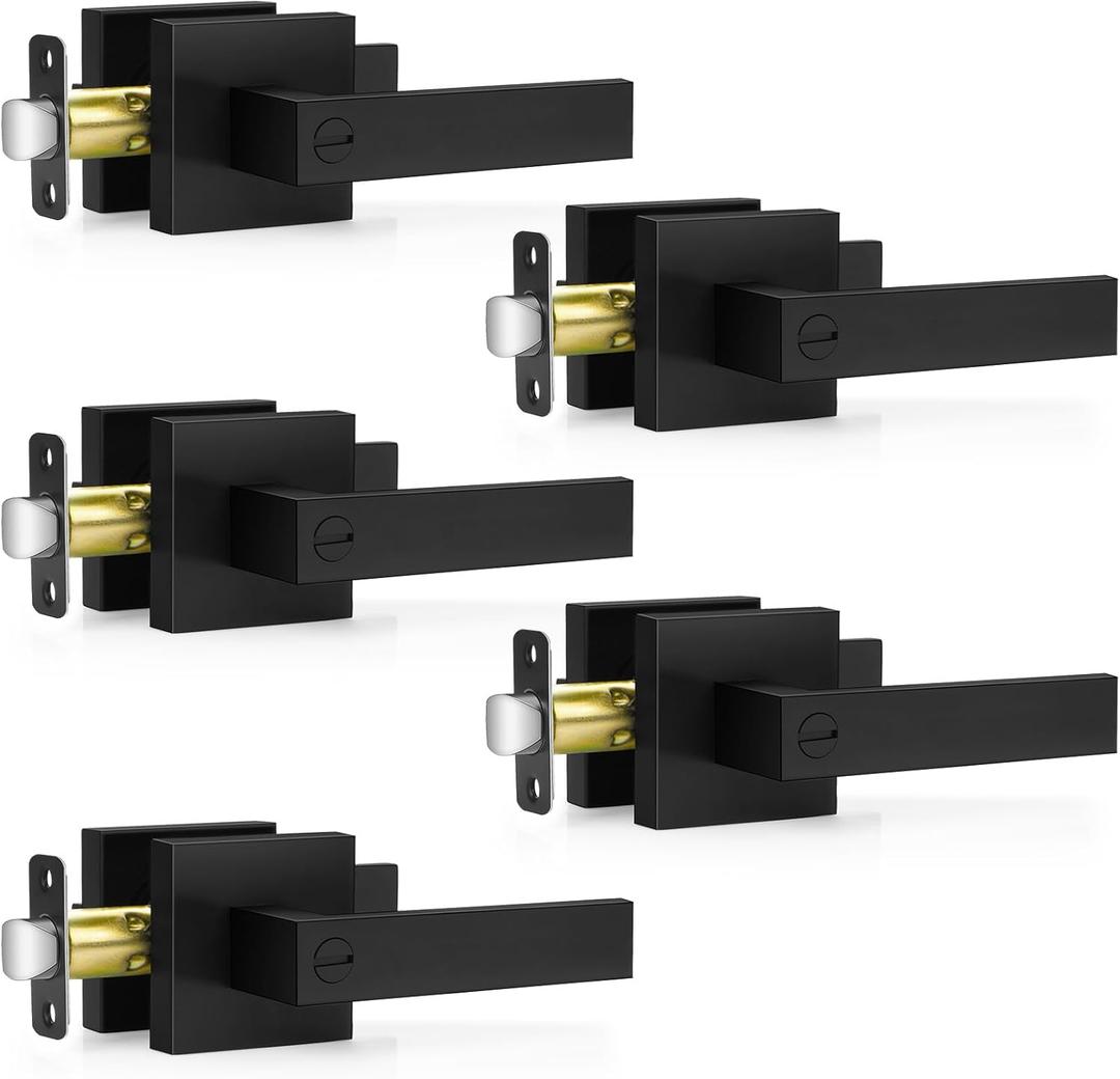 5 Pack Matte Black Door Handles, Keyless Interior Door Knobs, Privacy Door Lever Locksets for Bedroom Bathroom, Heavy Duty Square Door Lock (2.0lb), Reversible for Left&Right Handled Doors