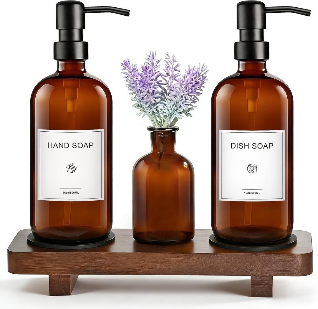 KEYWING Kitchen Soap Dispenser Set with Wood Tray, 16oz Amber Glass Soap Dispensers with Stainless Steel Pumps, Hand and Dish Soap Dispenser Set for Kitchen, Soap and Lotion Dispenser Set for Bathroom