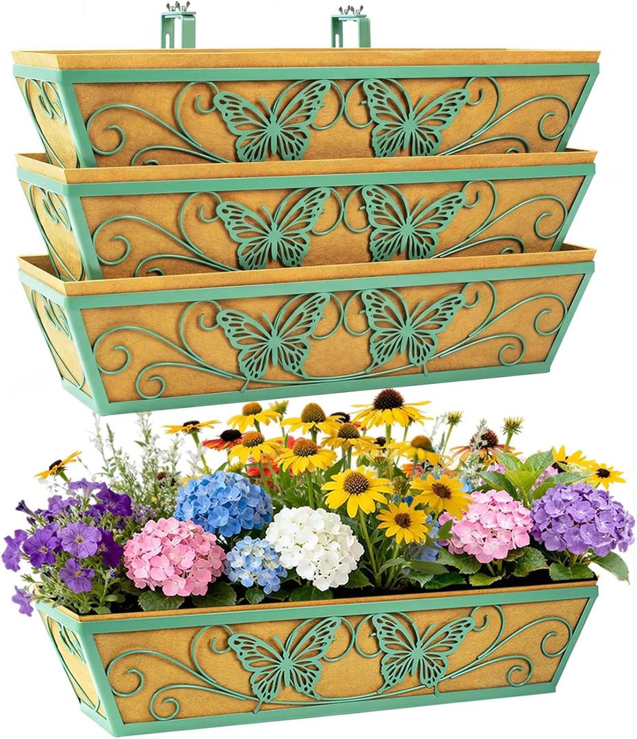 4 Pack 24 Inch Railing Planter Boxes Window Box Planters with Liner | Adjustable Bracket, Heavy Duty Hanging Basket, Metal Butterfly Decor, Retain Moisture Liner, Vibrant Spring Green