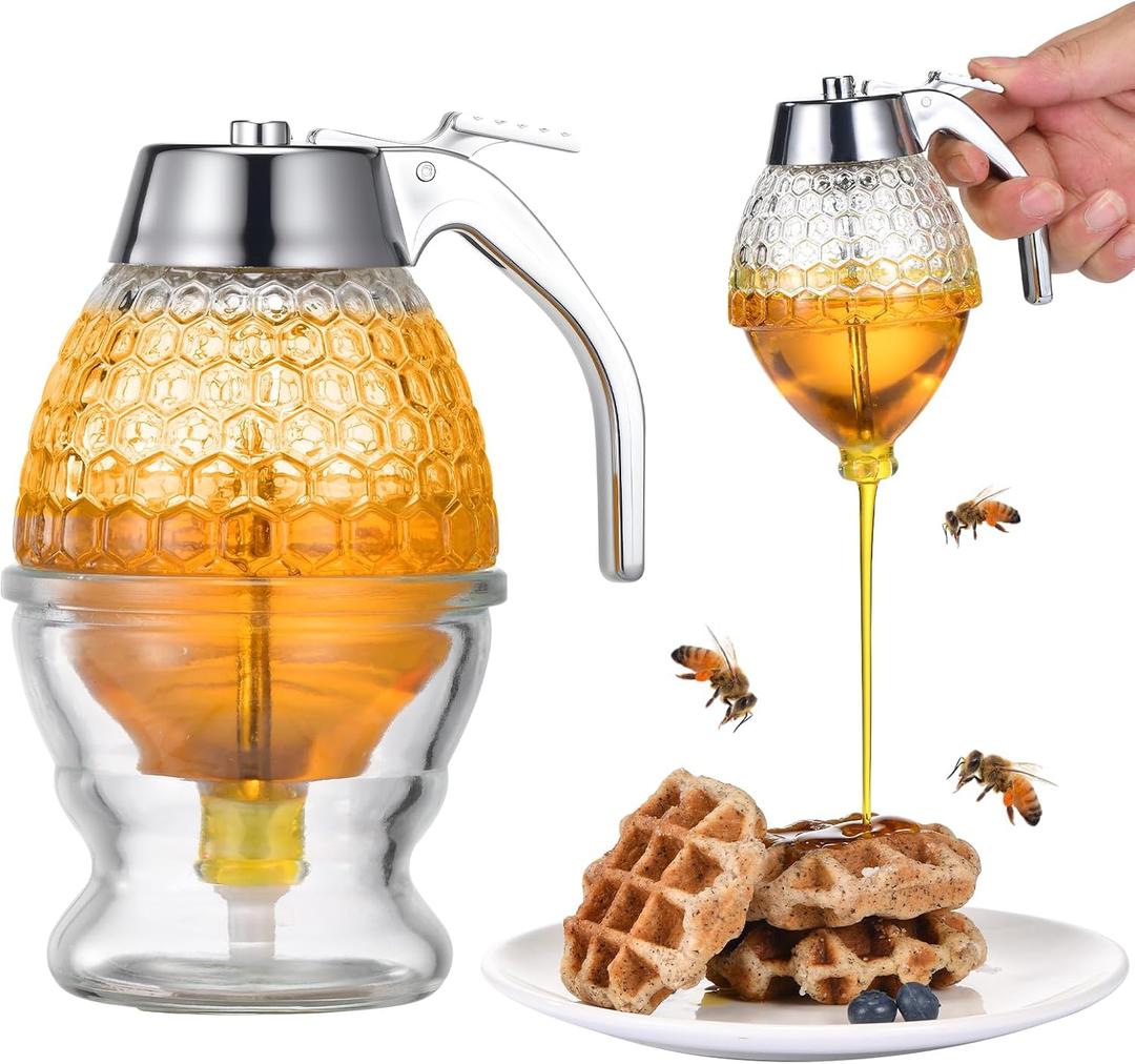 Glass Honey Dispenser 8 Ounces - Drip-Free Honey Jar With Glass Stand, Kitchen Leak-Proof Syrup Dispenser, Elegant Honeycomb Design For Storing Honey, Maple Syrup And Coffee Syrup