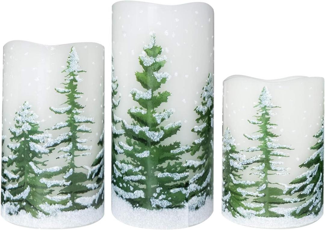 Wondise Flickering Flameless Pillar Candles with Timer, Battery Operated Real Wax Warm Light Christmas Tree Pine Tree Decal Candle for Home Decoration Christmas Gifts, Set of 3(D3 x H4/5/6 Inch)