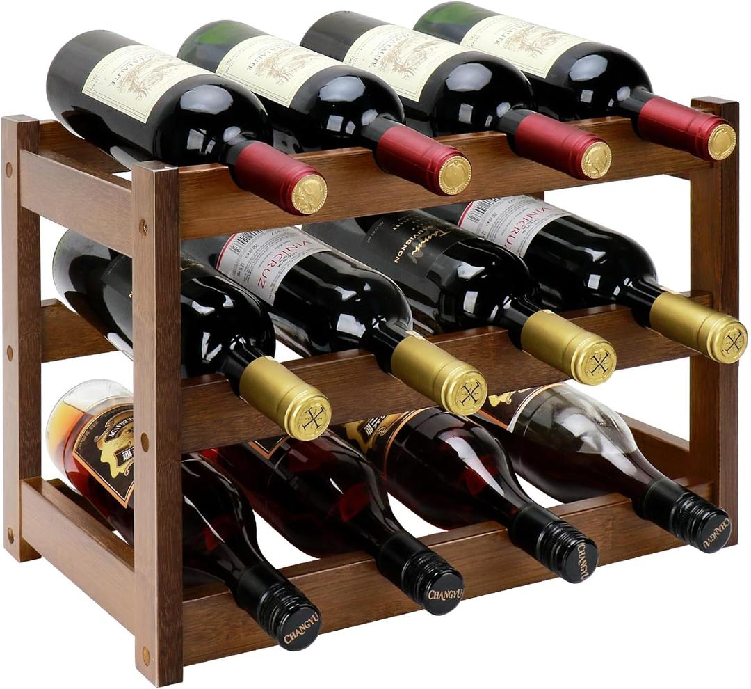 Bamboo Wine Rack, 3-Tier 12 Bottles Wine Storage Cabinet Shelf, Easy-Assembly Freestanding Bamboo Wine Racks Countertop for Kitchen Pantry Dining Room Bar, Walnut (11.81 in)