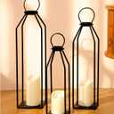 Perfnique Modern Farmhouse Lanterns, Set of 3 Black Metal Lanterns w/ 6hr Timer Flickering Flameless Candles, Decorative for Outdoor Decor, Front Porch, Indoor, Patio, Garden, Fireplace, Christmas (23inch & 20inch & 15inch)