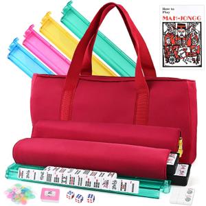 American Mahjong Tile Set 166 White Tiles, 4 All-in-One Color Racks with Pushers, 3 Dice, Portable Red Carrying Bag Complete Mahjong Game Set