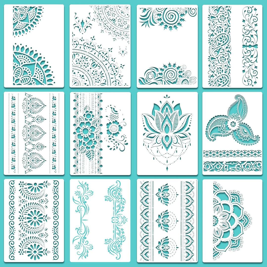 Outus 12 Pcs 8.3 x 11.7 Inch Mandala Stencils for Painting Templates Flower Stencils Mandala Reusable Rectangle Stencil for Wood Floor Drawing Craft DIY Wall Tile Furniture Decoration