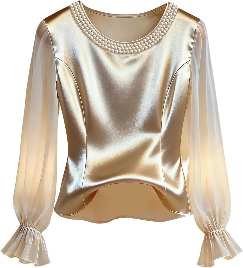 GORGLITTER Women's Pearl Satin Top Silk Chiffon Flounce Long Sleeve Dressy Business Casual Blouse Office Work Shirts Champagne Small