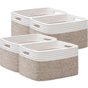 UBBCARE 4 Pack Storage Baskets for Shelves, Baskets for Organizing, Cube Shelf Storage Bin with Handles, Woven Storage Basket, 13"L x 9"W x 7.5"H, White&Light Brown