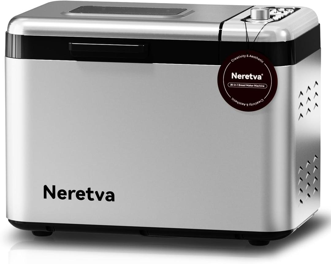 Neretva Bread Maker, 3.3LB Larger Bread Machine 15-in-1 Stainless Steel & Nonstick Ceramic Pan & Auto Nut Dispenser Breadmaker Machines Full Touch Panel with Gluten Free White Wheat Rye French Pizza
