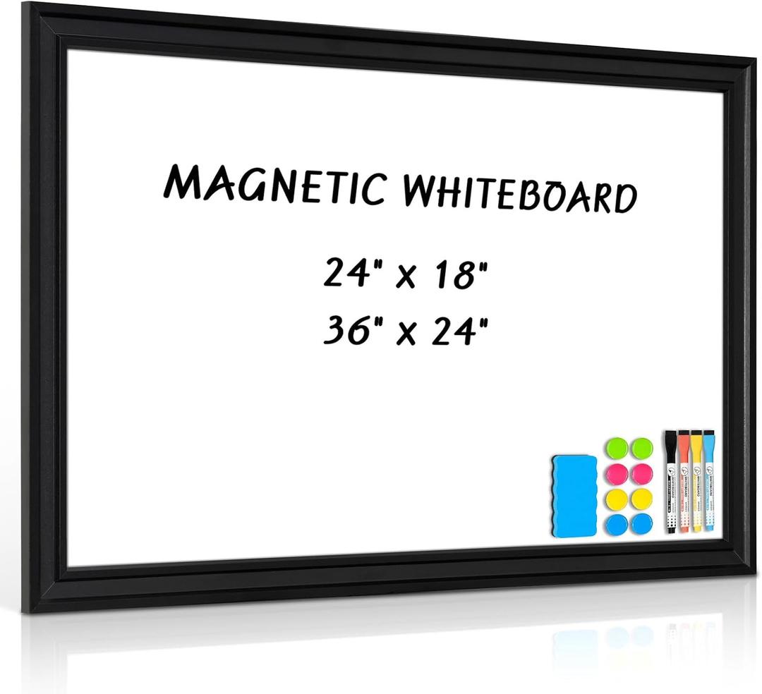 Large White Board for Wall, 36''x24'' Magnetic Dry Erase Board, Decorative Whiteboard with Black Wooden Frame, Hanging Writing Board for Home Office School Dorm